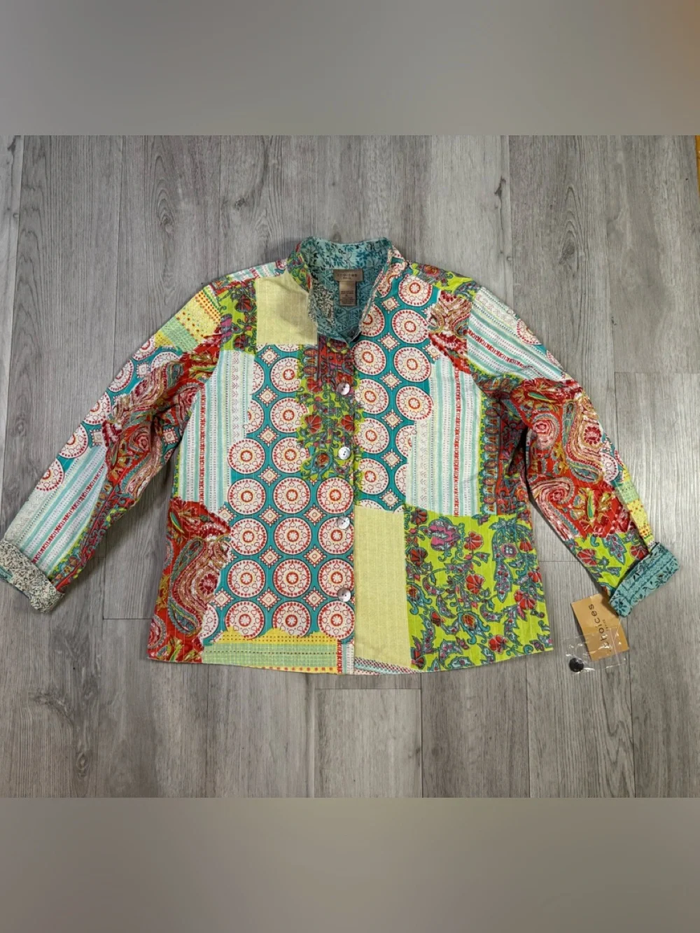 Choices Women’s Lightweight Boho Patchwork Cuffed Jacket Petite Large NWT